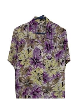 Vtg 90s ALIA Petites Floral Textured Crinkle Blouse Size 14P